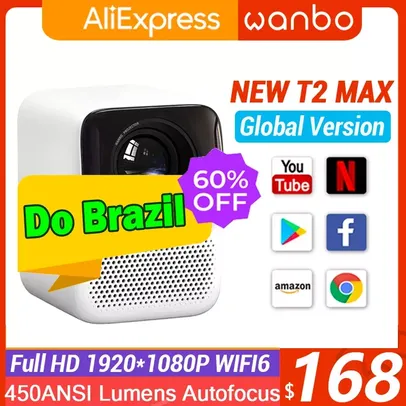 [ Do Brasil ] Projetor Xiaomi Wanbo T2 Max Mini Resolução 1920x1080 FullHd , Android 9.0, 450 Ansi Lumens, Bluetooth, Wifi 5G, Auto Focus