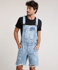 Macacão curto jeans masculino destroyed azul claro R$112