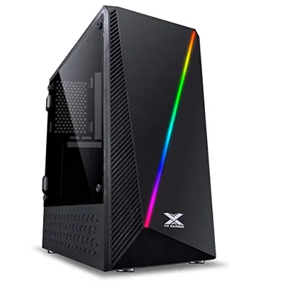 GABINETE GAMER VX GAMING PYXIS COM JANELA ACRILICA COM DOBRADICA PRETO FRONTAL COM FITA LED RGB