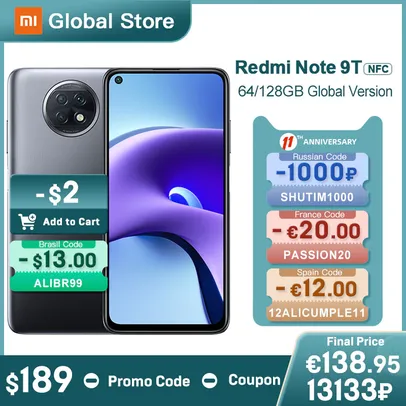Smartphone Xiaomi Redmi Note 9T 5G - 4GB+64GB | R$1.075