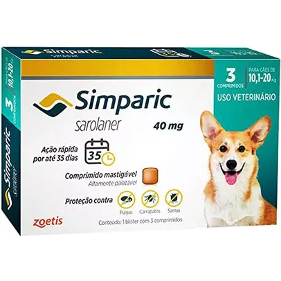 [PRIME] Simparic 40mg, 10,1 até 20kg, 03 Compr Zoetis para Cães