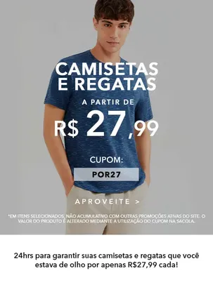 Camisetas e Regatas por R$ 27,99 na Hering Outlet