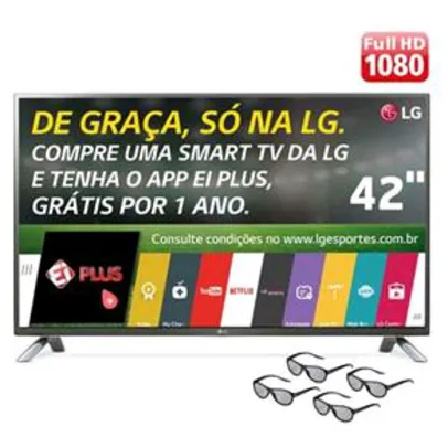 [Ponto Frio] Smart TV Cinema 3D LED 42" Full HD LG 42LF6500 com Sistema webOS, Wi-Fi, Painel IPS, Entradas HDMI e USB, Controle Smart Magic e 4 Óculos 3D