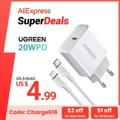 [NOVOS USUÁRIOS] Carregador Ugreen 20w usb tipo c - R$ 5,27