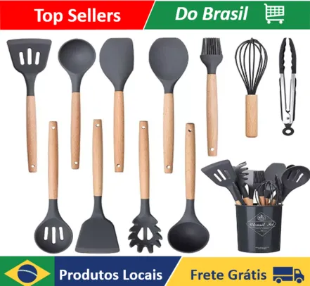 [R$36 Moedas/ BR] Kit 12 Utensílios De Cozinha Em Silicone E Cabo De Madeira