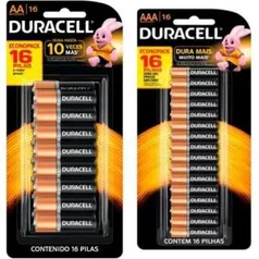 [R$ 0,01] Pilha Duracell Alcalina Combo C/16AAA Palito e 16AA Pequena 1.5v