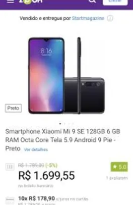 Smartphone Xiaomi Mi 9 SE 128GB 6 GB RAM Octa Core Tela 5.9 Android 9 Pie - Preto R$1.700