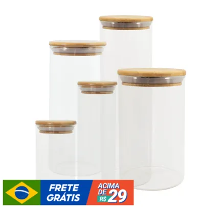 Kit 5 Potes De Vidro Oikos C/ Tampa Bambu 300/450/800/1100/2000