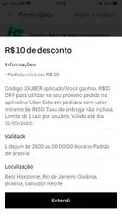 [Usuários Selecionados] R$ 10 OFF - Mínimo de R$ 50 - UberEats