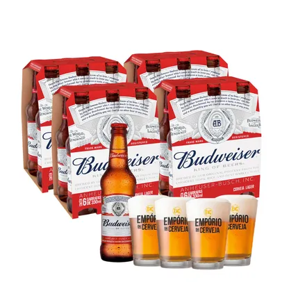[AME R$ 80] Kit 24 Cervejas Budweiser 330ml + 4 Copos Empório