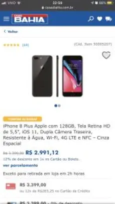 iPhone 8 Plus Apple com 128GB, Tela Retina HD de 5,5” R$ 2991