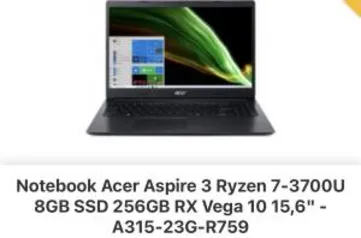 Notebook Acer Aspire 3 A315-23G-R759 AMD Ryzen 7 8GB RAM 256GB SSD RX Vega 10 15,6' | R$3505