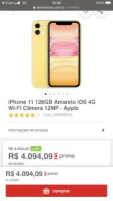 iPhone 11 128GB Amarelo | R$4.094 ($400,00 de cash back no AME)