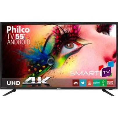 Smart TV LED 55" Philco PH55a17DSGWA Ultra HD 4k com Conversor Digital 3 HDMI 2 USB Wi-Fi Sleep timer e Closed Caption 60Hz - Preta - R$2199