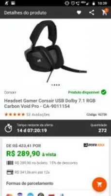 Headset Gamer Corsair USB Dolby 7.1 RGB Carbon Void Pro R$ 289
