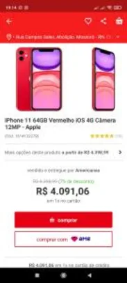 iPhone 11 64GB Vermelho iOS 4G Câmera 12MP - Apple - R$4091