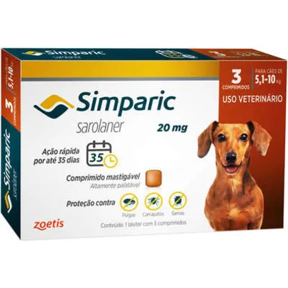 Simparic para cães de 5 a 10 kg (20 mg) - Antipulgas com 3 comprimidos mastigáveis