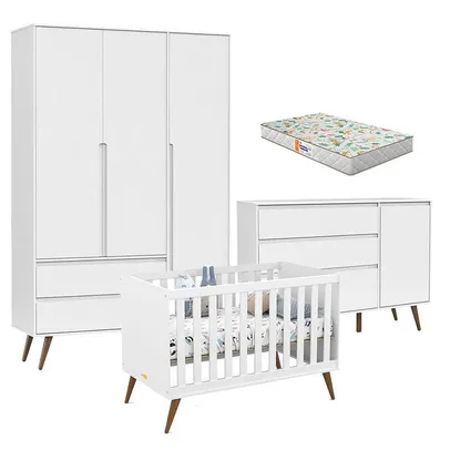 Quarto de Bebê Retrô Clean 3 Portas com Berço Retrô Gold Branco Soft Eco Wood com Colchão Gazin - Ma