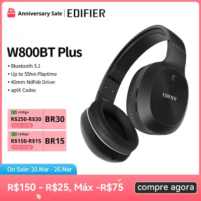 Fone de ouvido Edifier W800bt PLUS - Bluetooth, 55 horas de bateria e Aptx