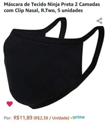 Máscara de Tecido Ninja Preta 2 Camadas com Clip Nasal, R.Two, 5 unidades | R$12