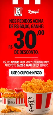 [Novos usuários] R$30 OFF em pedidos acima de R$60 no KFC