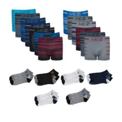 Kit Com 12 Cuecas Boxer Sem Costura Men We + 6 Pares De Meia Soquete - R$59,90