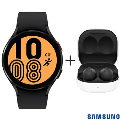 Galaxy Watch4 LTE 44mm Samsung Preto com 1,4" + Fone de Ouvido sem Fio Samsung Galaxy Buds2 Preto 