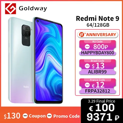 Smartphone Xiaomi Redmi Note 9 Global 3GB 64GB | R$816