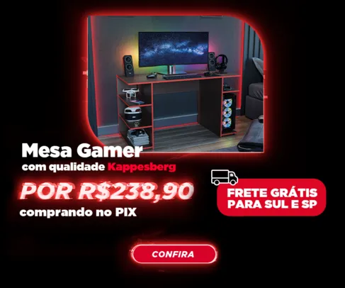 Mesa Escrivaninha Gamer Kappesberg - Preto Fosco/Vermelho ou PRETA ou BRANCA