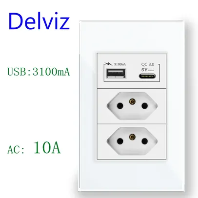 [Taxa Inclusa] Conjunto 2 tomadas 10A + 2 Portas USB, Painel de Vidro 110 - 250V