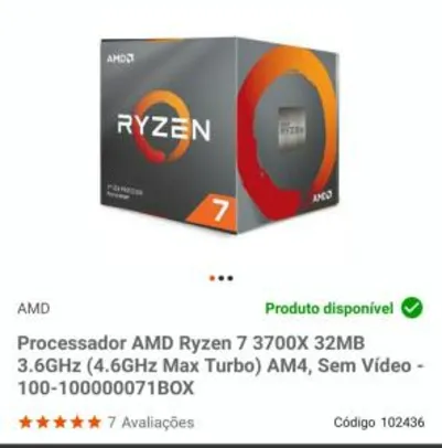 Processador AMD Ryzen 7 3700X 32MB 3.6GHz (4.6GHz Max Turbo) AM4 | R$1.500
