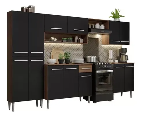 Armário de Cozinha Completa Modulada Compacta Madesa Emilly Balcão Rp Cor Rustic/Preto XAGREM2930017K