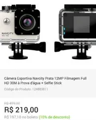 [Submarino] Câmera Esportiva Navcity Prata 12MP Filmagem Full HD 30M à Prova d'água + Selfie Stick - R$219