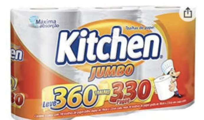 [recorrência] Papel Toalha Kitchen Jumbo Folha Dupla - Pack com 3 rolos de 110 unidades