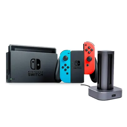 Nintendo Switch 32GB, 1x Joycon, Neon Azul/Vermelho + Carregador e Suporte Para Controle Husky Gaming Storm, 4 Portas, Nintendo SWITCH Joy-Con