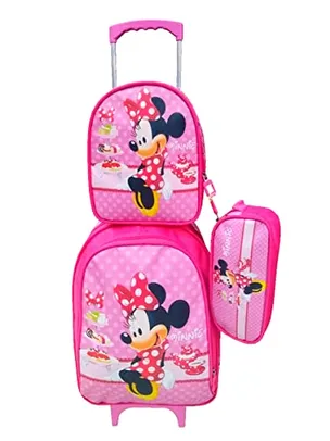 Kit Mochila de Rodinhas Infantil da Minnie com Lancheira Térmica e Estojo Escolar