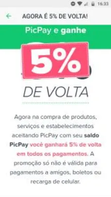 [PICPAY] 5% de volta em compras de produtos e serviços no PicPay