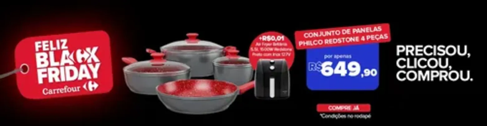 Conjunto de Panelas Philco PKT407 Redstone 4 peças + Fritadeira Elétrica Sem Óleo Air Fryer Britânia 5.5L 1500W BFR50 Redstone Preto com Inox 127V