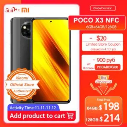 POCO X3 NFC Versão Global Snapdragon 732G 6GB 64GB 6,67 Polegadas 120Hz + Mi Band 5 R$1.385