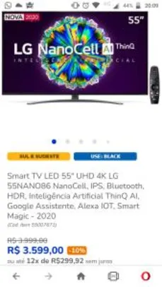 Smart TV LED 55" UHD 4K LG 55NANO86 NanoCell, IPS, Bluetooth ThinQ AI | R$3599
