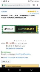 Memória DDR3 - 4GB / 1.600MHz - Corsair Value  - R$195