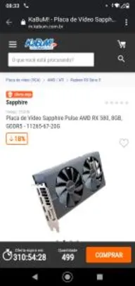 Placa de Vídeo Sapphire Pulse AMD RX 580, 8GB, GDDR5 | R$1.250