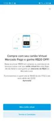 [Usuários selecionados] Cupom R$ 20,00 comprando R$ 100,00 c/ cartão virtual Mercado Pago