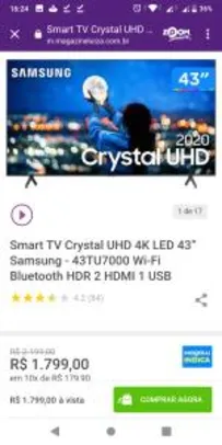 Saindo por R$ 1799: Smart TV Crystal UHD 4K LED 43” Samsung - 43TU7000 Wi-Fi Bluetooth HDR 2 HDMI 1 USB | R$ 1799 | Pelando