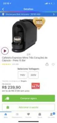Cafeteira Expresso Mimo Três Corações de Cápsula - Preta 15 Bar | R$240