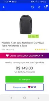 [Com AME R$45] Mochila Acer para Notebook Gray Dual Tone Resistente a água