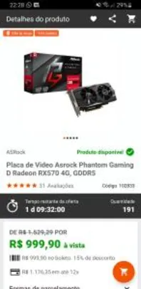 Placa de Video Asrock Phantom Gaming D Radeon RX570 4G, GDDR5 | R$999
