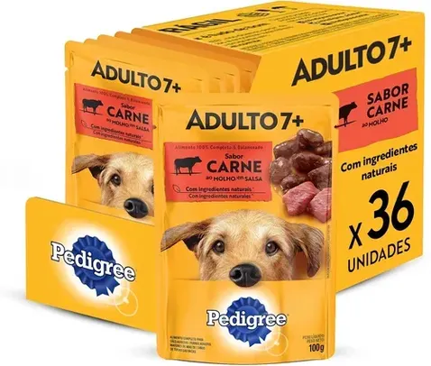 [ PRIME | REC | R$ 2,43 CADA ] Packs de Ração Úmida Pedigree para Cães Adultos Sênior 7+ Anos, Sachê Carne ao Molho, 36 Sachês de 100 g