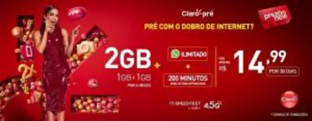 Claro prezão mensal (2gb + whatsapp ilimitado + 200 min outras operadoras) - R$15