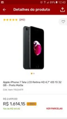 [App] Apple iPhone 7 Tela LCD Retina HD 4,7” iOS 13 32 GB - Preto Matte R$1614
